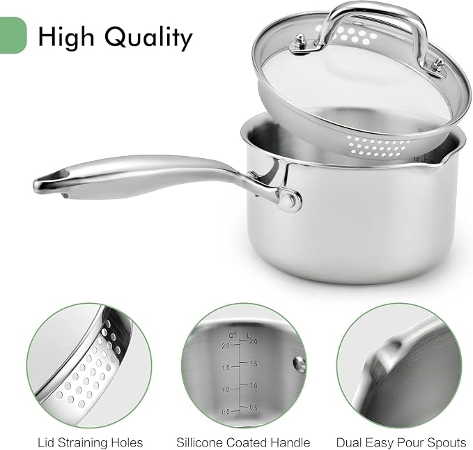 1.0 Quart Stainless Steel Pot Saucepan with Glass Strainer Lid, Sauce Pot with Two Side Spouts, Induction Cooking Pot, Multipurpose Sauce Pan with Lid for Cooking - Image 6