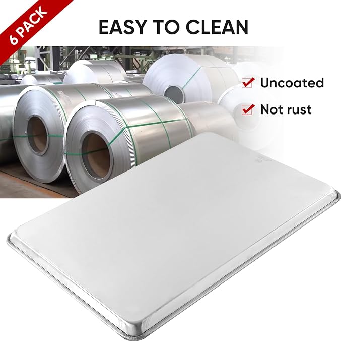 TENUP 6 Pack Aluminum Full Sheet Pan, 26" x 18" Heavy Duty Commercial Baking Tray Reinforced Rim, Warp-Resistant Rust-Free - Image 6