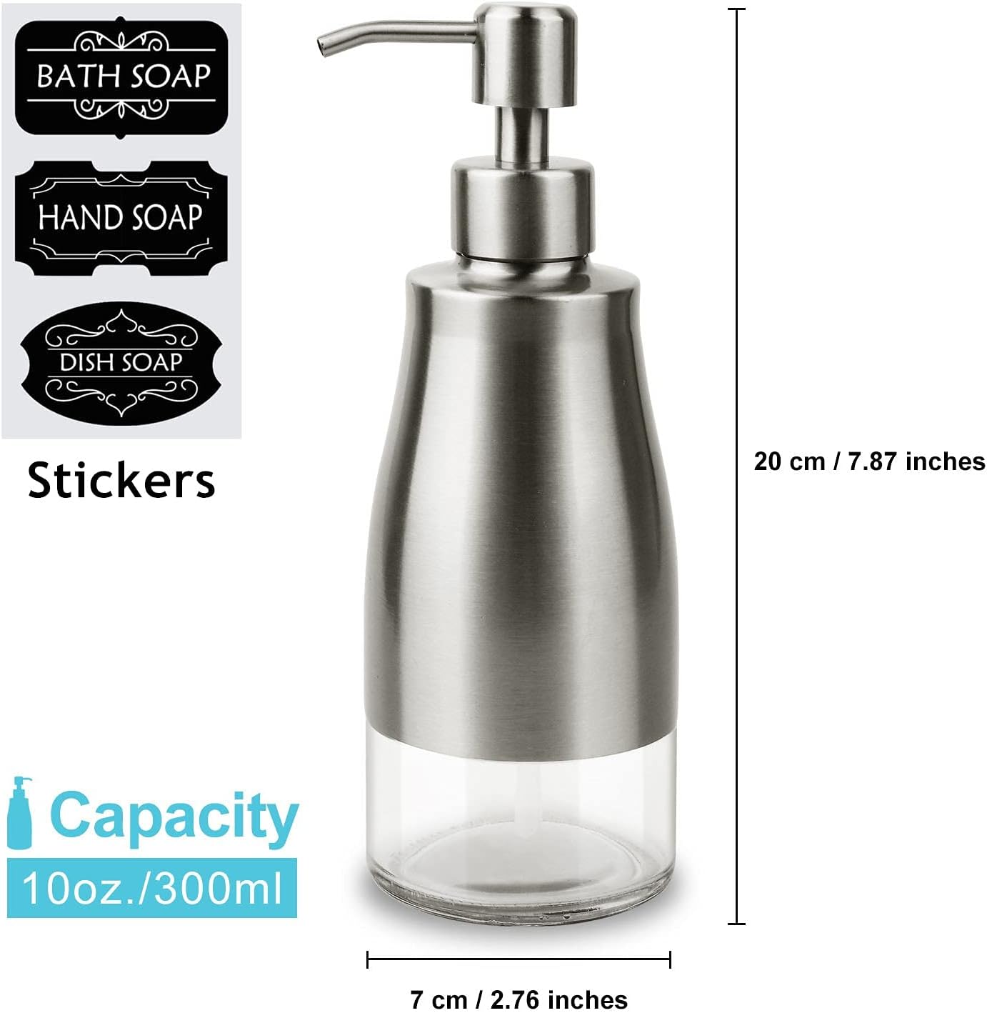 Dish Soap Dispenser with Stickers, Brushed Nickel Stainless Steel and Glass Combined, Refillable Liquid Hand Soap Dispenser for Bathroom & Kitchen (11OZ / 320ML)