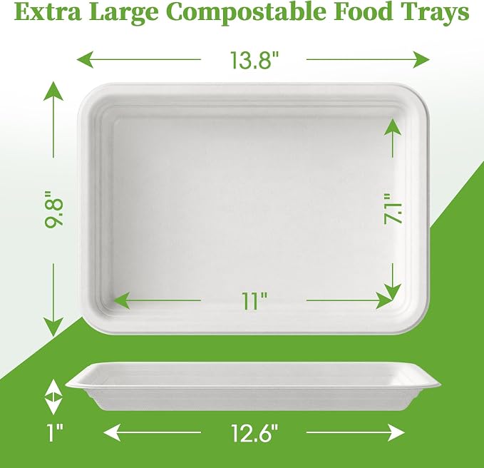 ECOLipak 100 Pack 14 in Compostable White Disposable Food Crawfish Trays | Large Paper Thanksgiving Plates for Turkey, BBQ, Seafood Boil Party Supplies, Heavy Duty, Biodegradable, Sugarcane Bagasse - Image 2