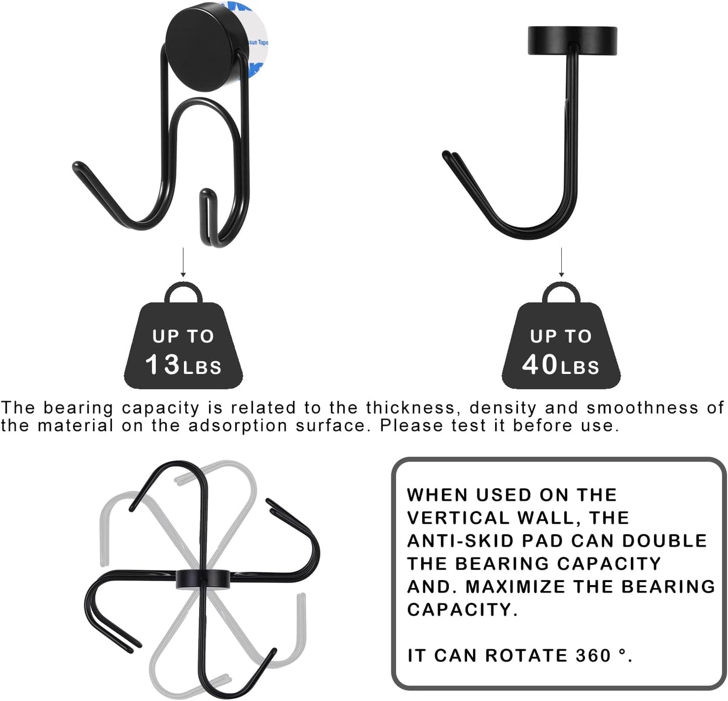 Magnetic Hooks 304 Stainless Steel Hooks Heavy Duty Magnets Hanging Hooks for Refrigerator Grill Toolbox Outdoor,Cruise Essentials Camper Accessories,4pack(Black,1.1in-2 40Lbs)