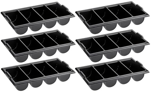 OCS Parts 6-Pack 4-Compartment Cutlery Bins | Black | Heavy Duty Silverware and Cutlery Organizer Trays for Kitchen Organization, Dishes, and Drawer Organization by OCSParts