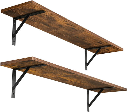 DINZI LVJ Long Wall Shelves, 31.5 Inch Wall Mounted Shelves Set of 2, Easy-to-Install, Wall Storage Ledges with Sturdy Metal Brackets for Living Room, Bathroom, Bedroom, Kitchen, Rustic Brown