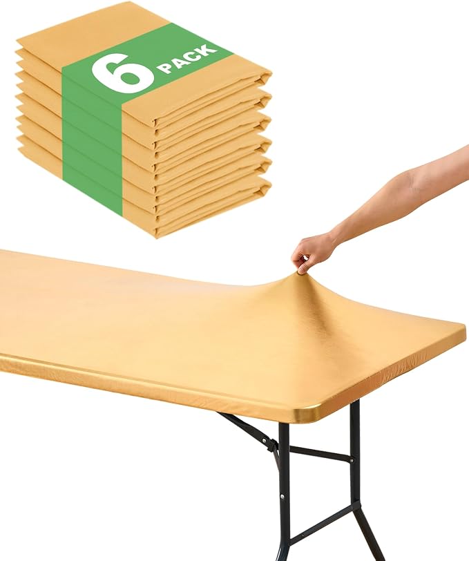 Fitted Tablecloth Rectangle Table Cloths with Elastic, 8 ft, Gold, 6 Pack by Keywave