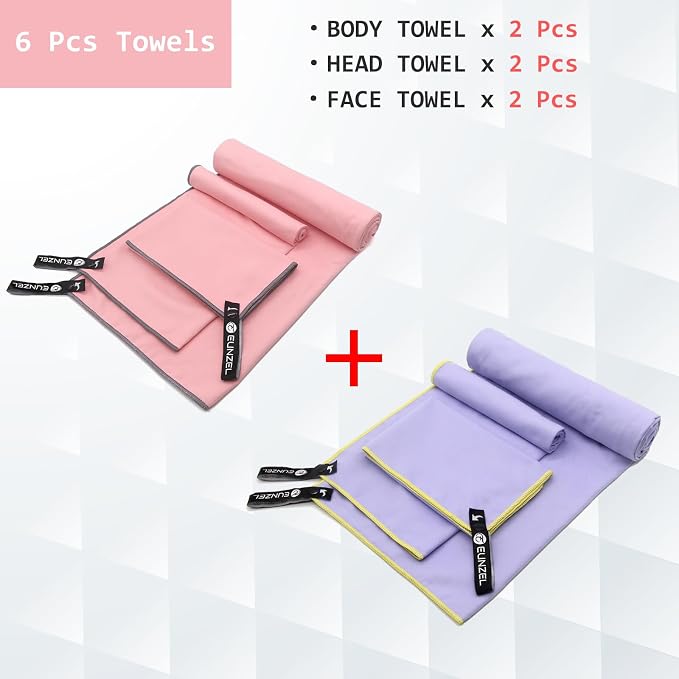 Eunzel 2 Set Quick Dry Camping Towel, Microfiber Travel Towel Super Absorbent Fast Drying Towel for Camping, Beach, Gym, Backpacking & Swimming(Two 3-Piece Towel Sets, Taro Purple/Pink) - Image 2