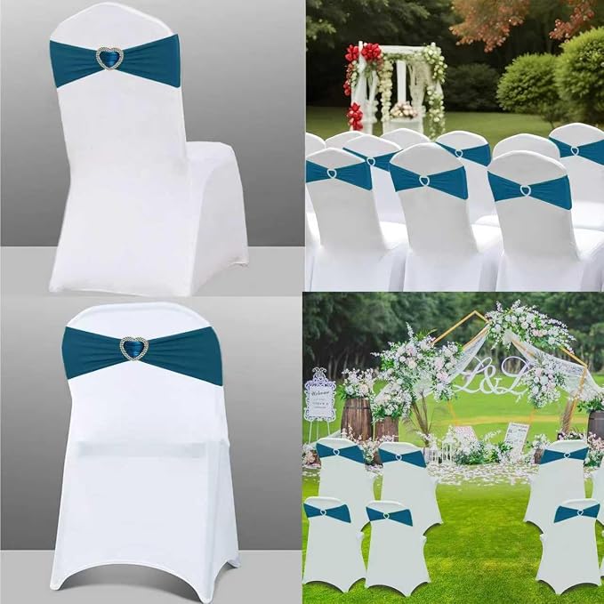 Teal Chair Sashes 25 Pack Spandex Dark Teal Sashes for Chairs Covers Universal Stretch Chair Sashes Band with Heart Buckle Slider for Wedding Banquet Party Decorations - Image 5