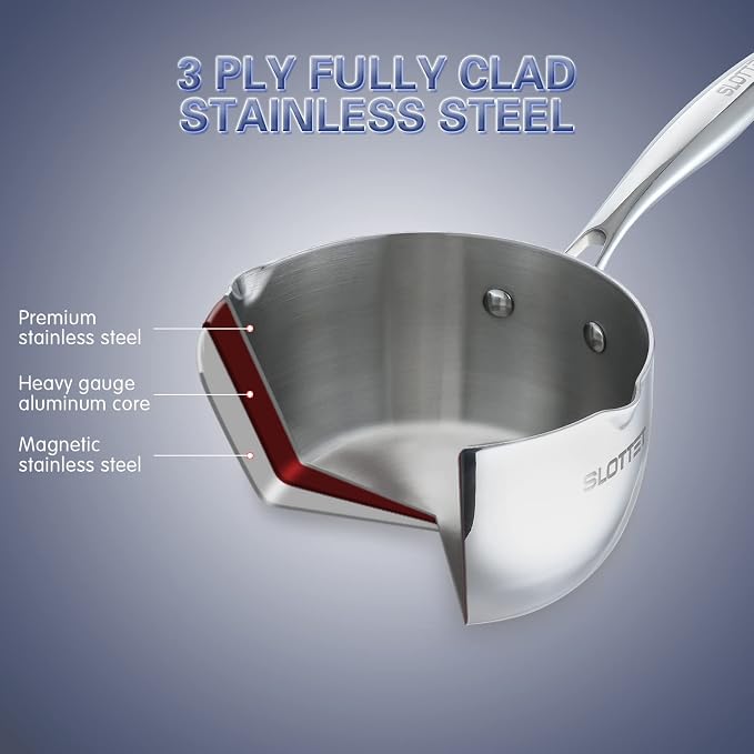 SLOTTET Tri-Ply Whole-Clad Stainless Steel Sauce Pan with Pour Spout,1.5 Quart Small Multipurpose Pasta Pot with Strainer Glass Lid, Saucepan for Cooking with Stay-cool Handle. - Image 4