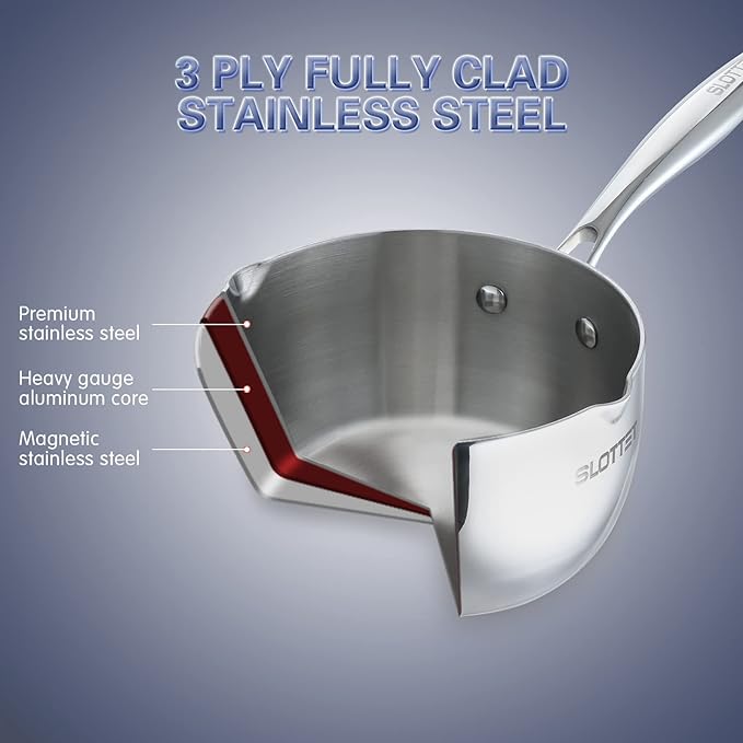 SLOTTET Tri-Ply Whole-Clad Stainless Steel Saucepan with Steamer,2.5 Qt Small Multipurpose Pot with Pour Spout,Strainer Glass Lid, 2 Quart Sauce Pan for Cooking with Stay-cool Handle. - Image 4