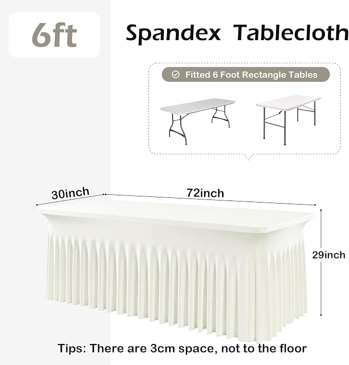 4 pk Ivory Spandex Tablecloth 6ft with Ruffle Skirts,Wrinkle Free High Stretch Cream Fitted Tablecloths for 6 Foot Rectangle Tables,Elastic Spandex Table Covers 6 ft for Parties Weddings Banquet - Image 4