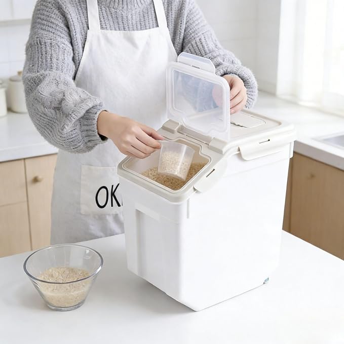 Saim 2 Pack 50lb Flour & Rice Storage Container Bin, Rice Dispenser (Grey) | BPA free plastic with seal lid, rolling wheels and measuring scoop for rice, flour, cereal and grain one-hand scooping - Image 8