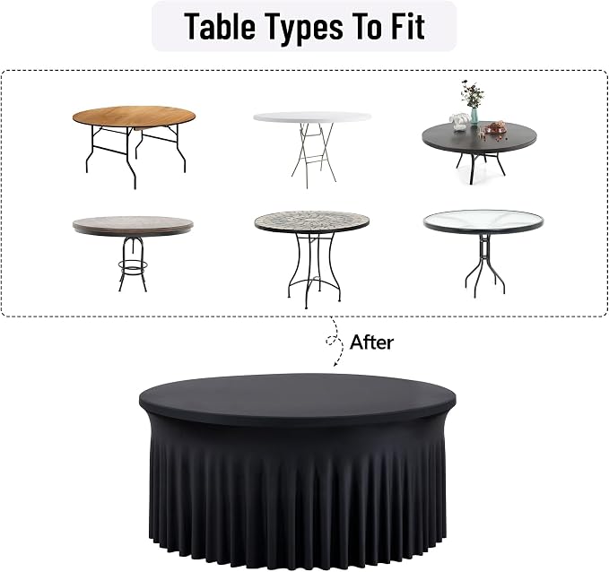leegleri 10 Pack Spandex Black Round Tablecloths for 72in Table, Wrinkle Free Fitted 6FT Round Table Cover with Skirt for Wedding Birthday Party Bridal Shower Banquet - Image 6