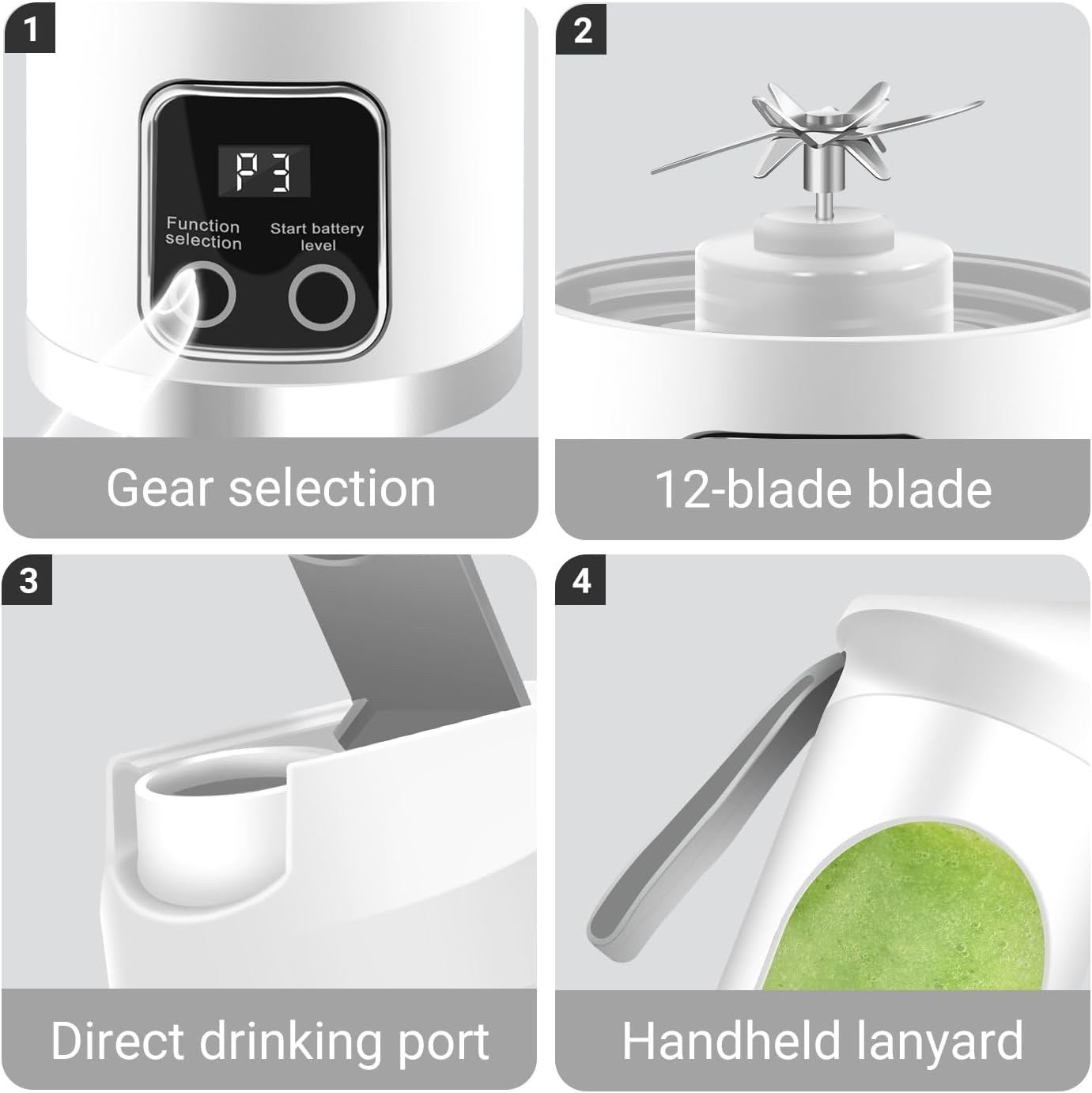 Portable Personal Electric USB Juicer，500ML Mini Blender Portable Blender For Shakes and Smoothies juice，12 Blades Great for Mixing，Compact、Convenient and Versatile (White)