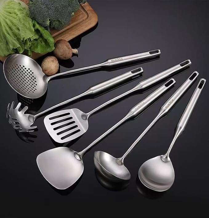 Premium 7-Piece Gold Kitchen Utensil Set with Stand, Stainless Steel Cooking Tools- Dishwasher Safe Ladle, Spoon, Spatula, Pasta Fork, Luxury Brass Kitchen Accessories for Home Chefs (silvery) - Image 7