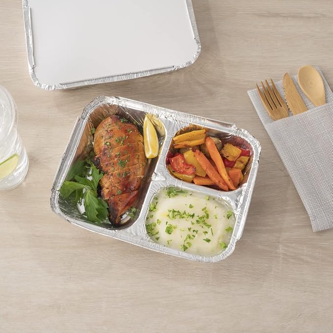 Restaurantware Foil Lux 23 Ounce Aluminum Food Containers 100 Rectangle Aluminum Pans - Lids Sold Separately 3 Compartments Silver Aluminum Foil Containers For Storing Baking And Meal Prep - Image 5
