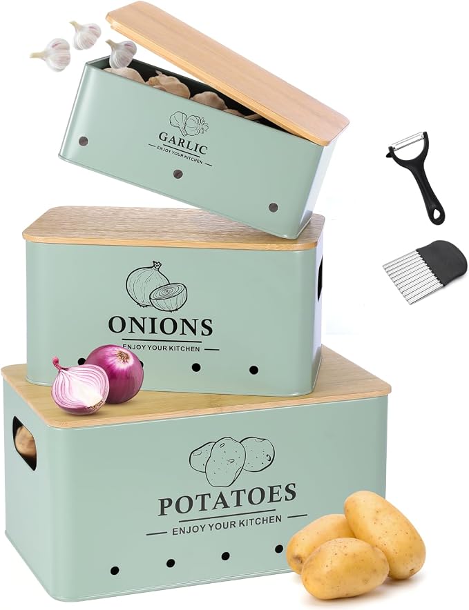 Kitchen Vegetable Storage Set of 3, Metal Onion Garlic Potato Storage Set, Kitchen Canisters Vegetable Keeper Containers with Aerating Holes and Bamboo Lid,Sage Green by Dekosilave