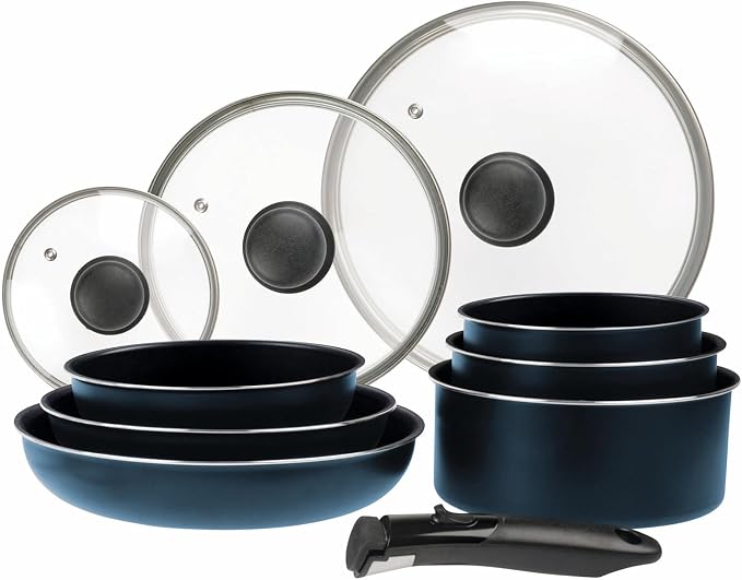 Sitram 714251 Cookware Set 10 Pieces Aluminium Blue Metal Matt: Removable Handle, 3 Frying Pans Diameter 20.24.5 cm, 3 Saucepans Diameter 16.18 cm, 3 Glass Lids Diameter 16.20 cm, Suitable for All by Sitram