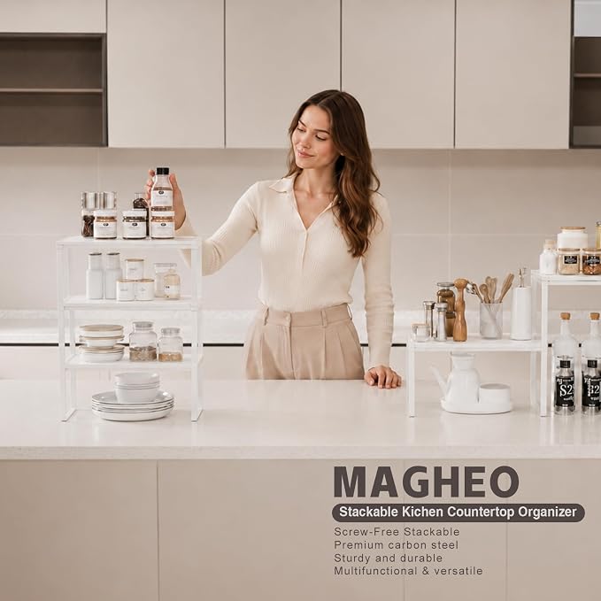 Magheo Cabinet Organizer Shelf Riser, Stackable Spice Rack for Countertop/Cabinet, Pantry Organizers and Storage, Heavy Duty Kitchen Counter Shelves for Seasonings,Bowls,Coffee Makers (3 Pack, White) - Image 3