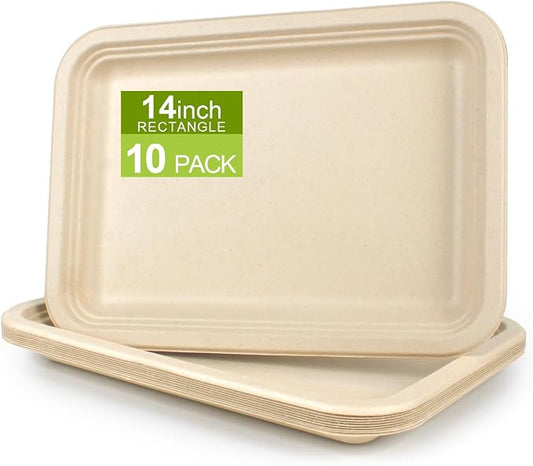 10 Pack Compostable Paper Plates, 14 Inch Heavy-Duty Bagasse Trays | Microwave & Freezer Safe, Biodegradable, Water & Oil-Resistant, Disposable Paper Plates for Birthday Weddings Parties BBQ by BangShou