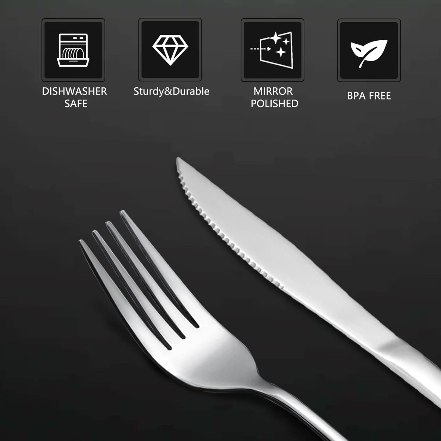 SANTUO 12 Pcs Silverware Set with 6 Steak Knives and 6 Dinner Forks,Flatware Set with Top Food Grade Stainless Steel,Tableware Cutlery Set For Home Restaurant Hotel, Mirror Finish, Dishwasher Safe