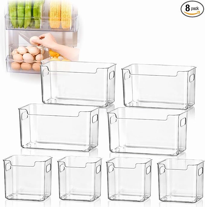 Crystal Clear Freezer Storage Bins, Crack-Resistant Plastic Fridge Storage Bins with Built-in Handles, BPA-Free Organization Containers for Refrigerator, Pantry Kitchen Cabinets (C(7in+4.8in),8) by Unknown