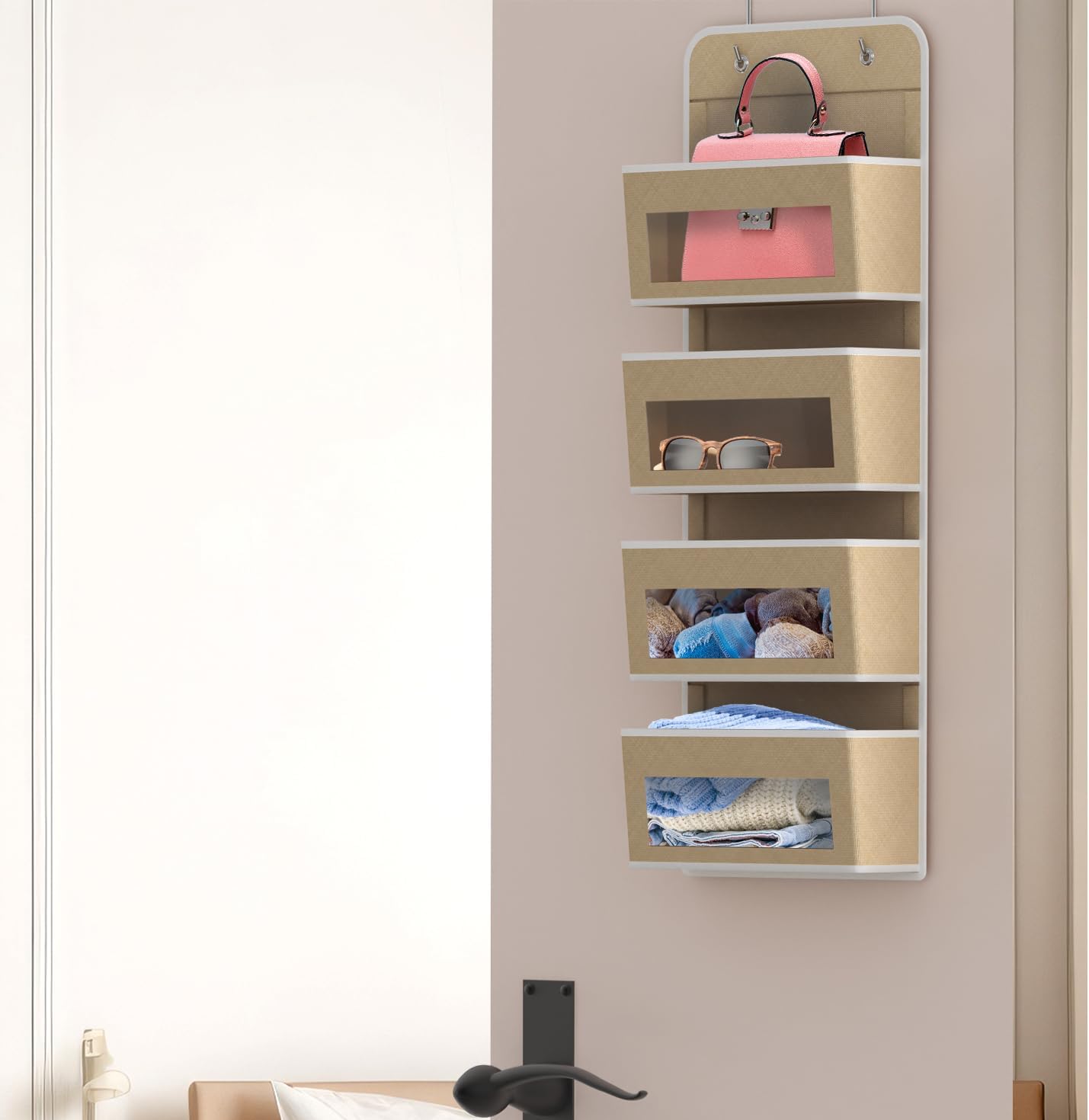 Simple Houseware 4 Clear Window Pocket Over Closet Door Storage Hanging Organizer for Bedroom, Bathroom, Pantry, Beige