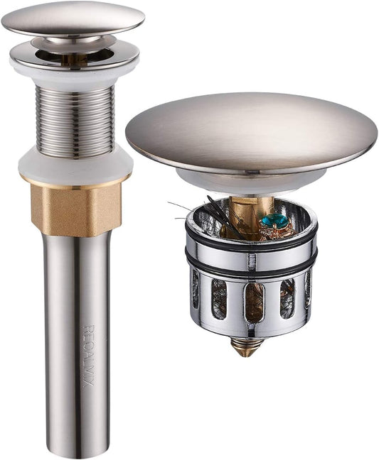 Bathroom Sink Drain, Vessel Sink Pop Up Drain,Built-in Anti-Clogging Strainer, Sink Drain Assembly Without Overflow Brushed Nickel,(1-1/2" to 1-3/4") RWF082B