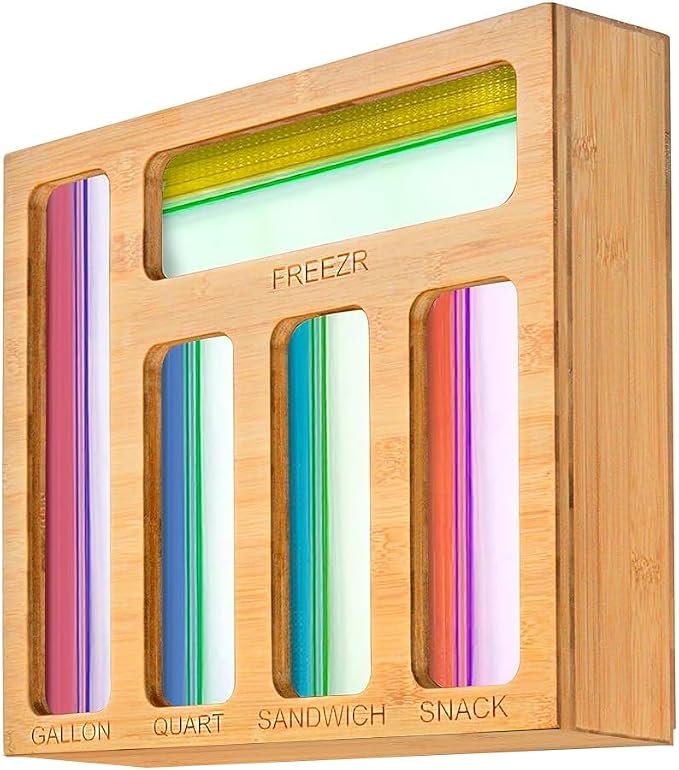 Food Storage Bag Organizer for Kitchen Drawer — Bamboo Plastic Bag Holder with 5 Slots for Gallon, Freezer, Quart, Sandwich and Snack Zip Top Bags, Drawer Organization (13.9 x 11.9 x 3.5 in) - Image 3