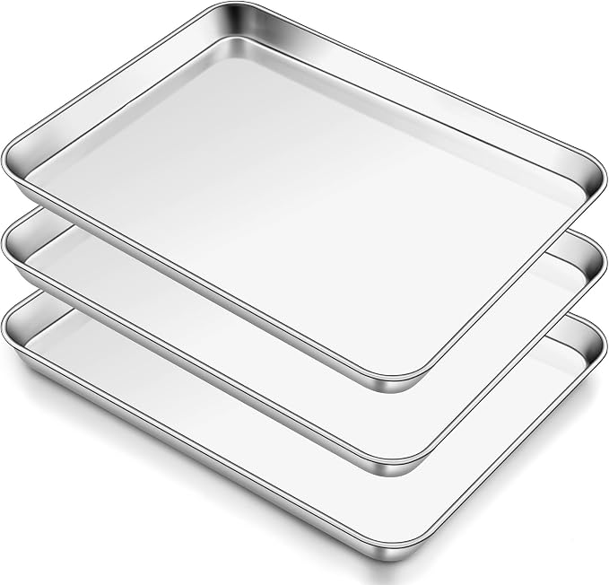 Homikit 3 Pack Stainless Steel Quarter Sheet Pan Set for Toaster Oven | 10 x 12 Inches Small Baking Sheets, Metal Cookie Pans, Flat Bacon Tray, Non Toxic, Non Stick, Rust Free, Dishwasher Safe by Homikit