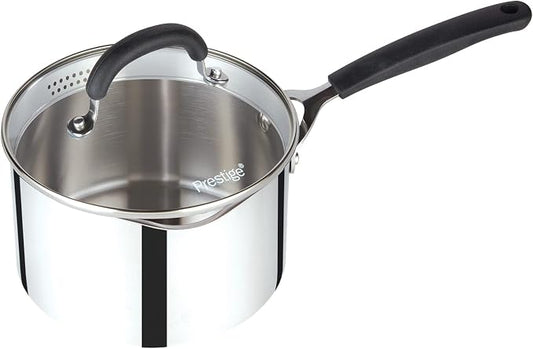 Prestige Made To Last Stainless Steel Saucepan with Lid 20cm - Large saucepan with Straining Lid, Measurement Guide & Easy Grip Silicone Handles, Induction Suitable, Dishwasher Safe Cookware by Prestige