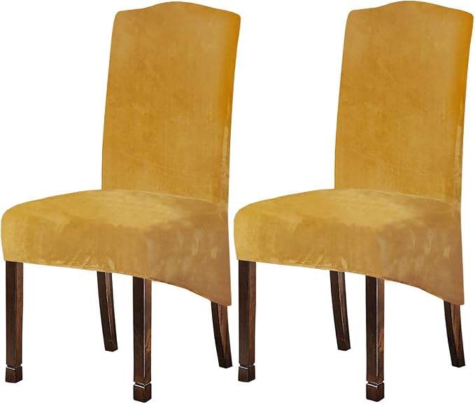 Velvet Plush XL Dining Chair Covers, Stretch Chaircover, Spandex High Chairs Protector Covers Seat Slipcover with Elastic Band for Dining Room,Wedding, Ceremony, Banquet (Mustard Gold, Set of 2) by KELUINA