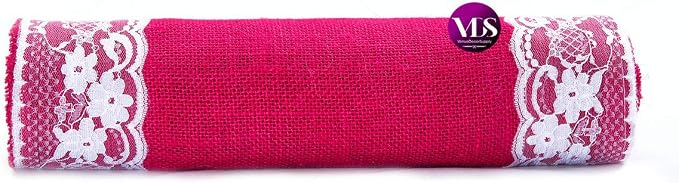 VDS Pack of 25, Burlap Table Runner with White Lace Edge, 100% Natural Jute Rustic Hessian Table Cloth Centerpiece for Wedding Birthday Party Banquet Table Decoration (Size 12X108 Inch)(Magenta) - Image 4