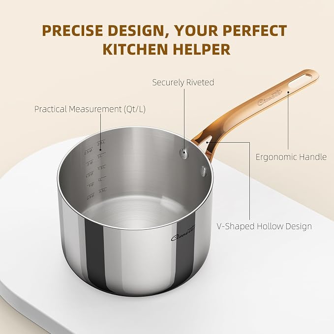 Ciwete 3 Quart Sauce Pan with Lid, Upgraded Tri-Ply Stainless Steel Saucepan with Mirror Polishing and 2 Scales, Induction Ready Cooking Pot with Stay-Cool Brass Handle, Dishwasher & Oven Safe - Image 6