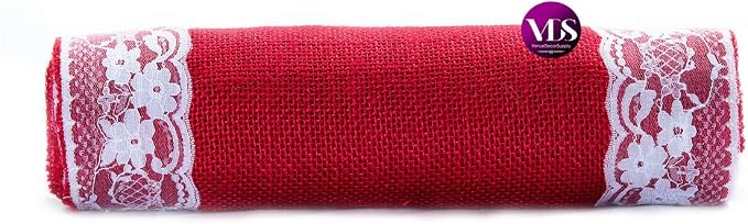 VDS Pack of 15, Burlap Table Runner with White Lace Edge, 100% Natural Jute Rustic Hessian Table Cloth Centerpiece for Wedding Birthday Party Banquet Table Decoration (Size 12X108 Inch)(Red) - Image 4