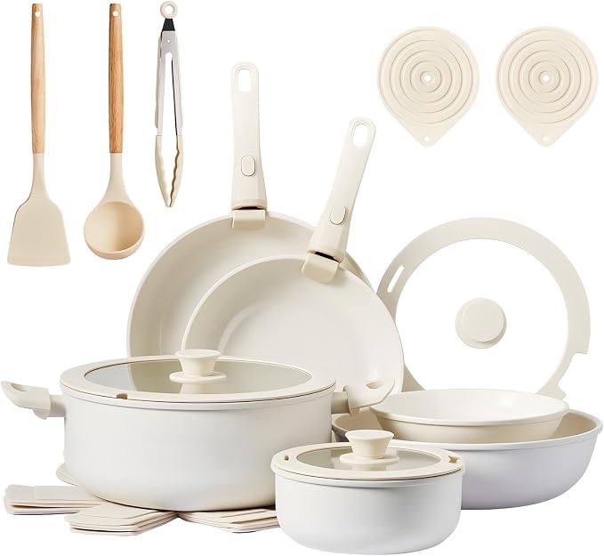 Bonnlo 22 Pcs Nonstick Pots and Pans Set with Lids, Kitchen Cookware Set with Detachable Handle Include Saucepan, Frying and Saute Pan, PFAS PFOA & PFOS Free, RV Induction, Aluminum, Cream White by Bonnlo