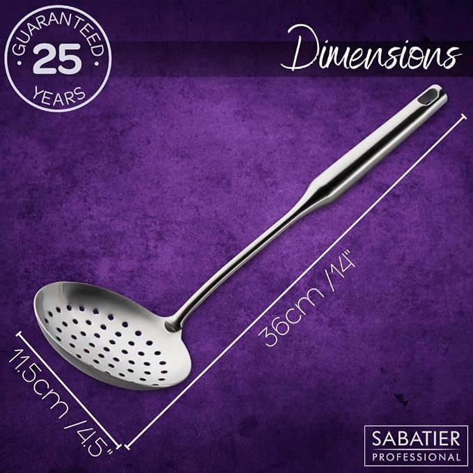 Sabatier Professional Large Metal Skimmer - Satin Polished Stainless Steel Cooking Spoon for Draining Frying Oil, Serving Boiled Veg Or Pasta. Strong Construction. 25 Year Guarantee, Dishwasher Safe - Image 5