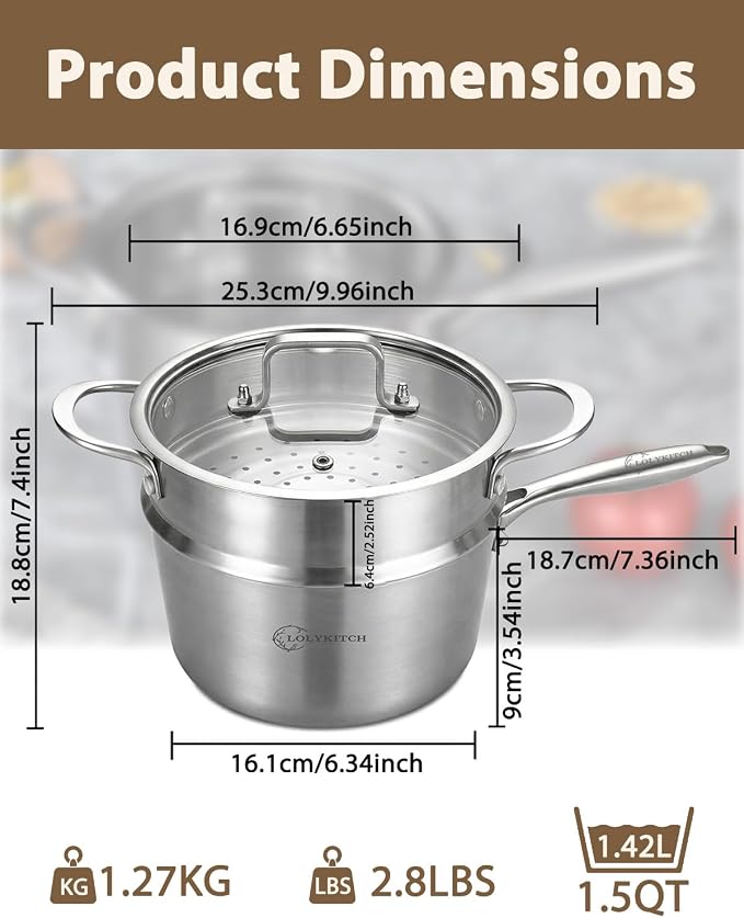 LOLYKITCH 1.5-Quart Stainless Steel Saucepan with Steamer & Glass Lid - Image 2