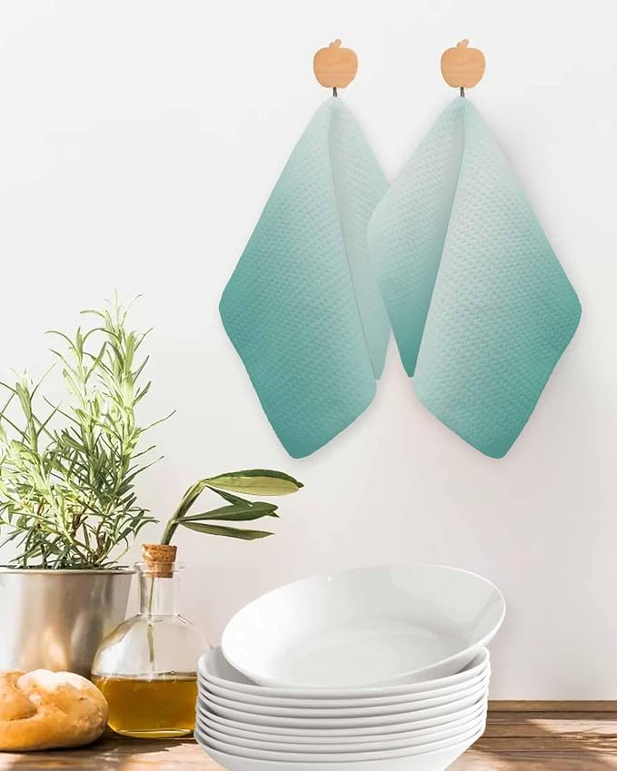 Ombre Turquoise Dish Towels Set, Waffle Weave Kitchen Towels Microfiber Towels Cleaning, Gradual Solid Contemporary Minimalist Color Soft Absorbent Dish Drying Towels Hand Towels 4 Pack 12x12 Inch - Image 2