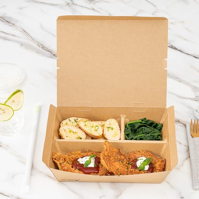 Restaurantware-Bio Tek 50.7 Ounce To Go Boxes, 100 Disposable Bento Boxes - 3 Compartments, Tab Lock Closure, Kraft Paper Take Out Box, Serve Hot and Cold Foods, For Restaurants or Parties - Image 4