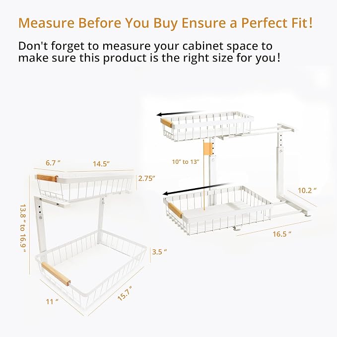 Under Sink Organizer 2 Pack, 2 Tier Pull Out Cabinet Organizers and Storage for Kitchen Bathroom Pantry Laundry, Adjustable Height, Slide Out Thickened Metal Storage Shelf (White, 2 Pack) - Image 3