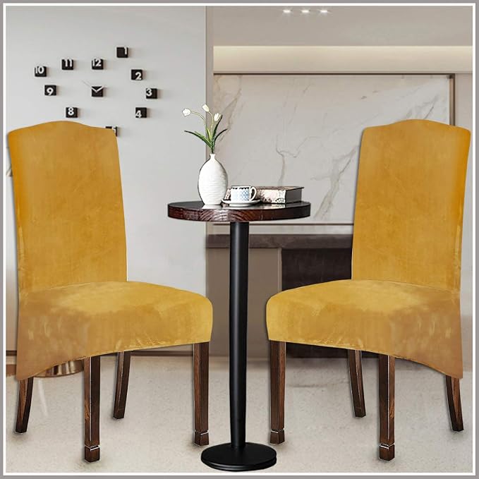 Velvet Plush XL Dining Chair Covers, Stretch Chaircover, Spandex High Chairs Protector Covers Seat Slipcover with Elastic Band for Dining Room,Wedding, Ceremony, Banquet (Mustard Gold, Set of 6) - Image 5
