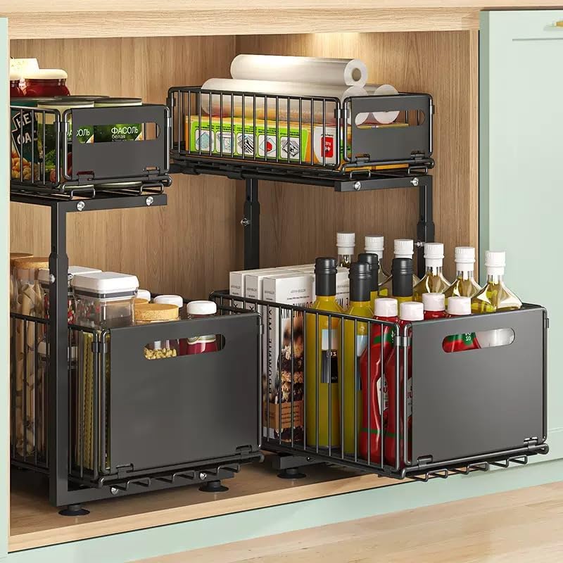 Under Sink Organizer with Adjustable Height, 2 Tier Pull Out Cabinet Design, Sliding Sink Shelf for Enhanced Storage Capacity, Counter Organizer Storage for Kitchen & Bathroom, Black, 2 Pack by KUNNKU
