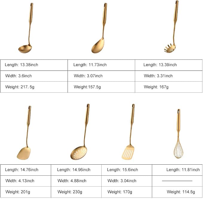 Kitchen Utensil Set -7PCS Gold 18/8(304) Stainless Steel -Wide Spatula,Soup Ladle,Strainer Ladle,Slotted Spatula,Spaghetti Server,Rice Scoop Spoon and Whisk - Image 2