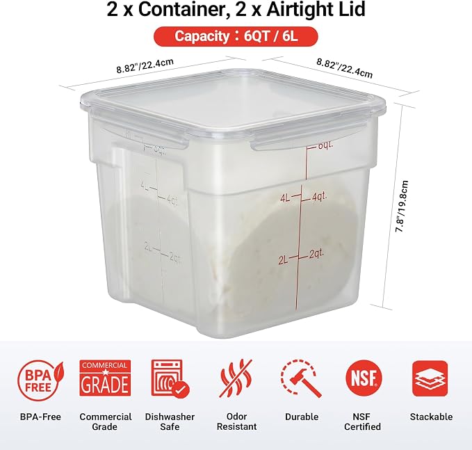 2 Pack 6 QT Airtight Food Storage Containers, BPA-Free Translucent Polypropylene, Recessed Handles & Labeling Area, Stackable for Rice, Flour & Grains - Image 2