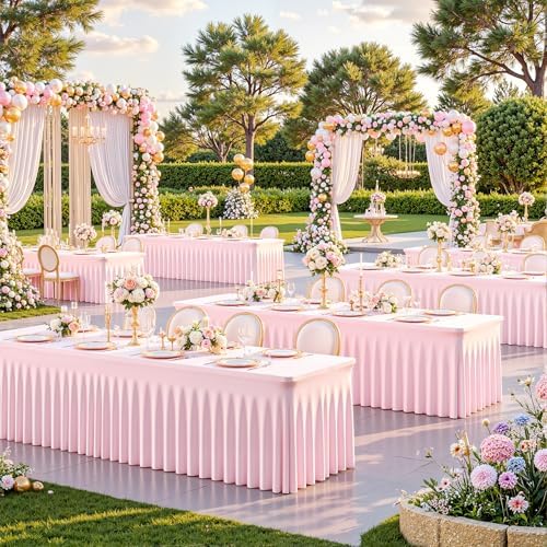2 Pack 8ft Pink Spandex Table Cloths for Rectangle Tables Wrinkle Free Pink Rectangle Tablecloths Stretch Fitted Table Cover with Skirt for Baby Shower Girl Birthday Party Wedding Banquet Buffet - Image 2