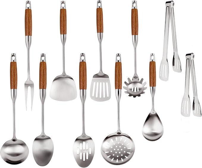 304 Stainless Steel Kitchen Utensils Set with Wooden Handle, 11 Pcs Long Heat Resistant Metal Cooking Utensils Set, Stainless Steel Cooking Utensils Set with Spatula, Turner, Solid and Slotted Spoon by Unknown