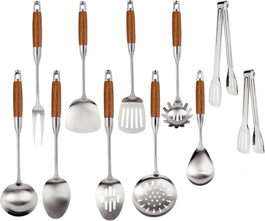 304 Stainless Steel Kitchen Utensils Set with Wooden Handle, 11 Pcs Long Heat Resistant Metal Cooking Utensils Set, Stainless Steel Cooking Utensils Set with Spatula, Turner, Solid and Slotted Spoon by Unknown