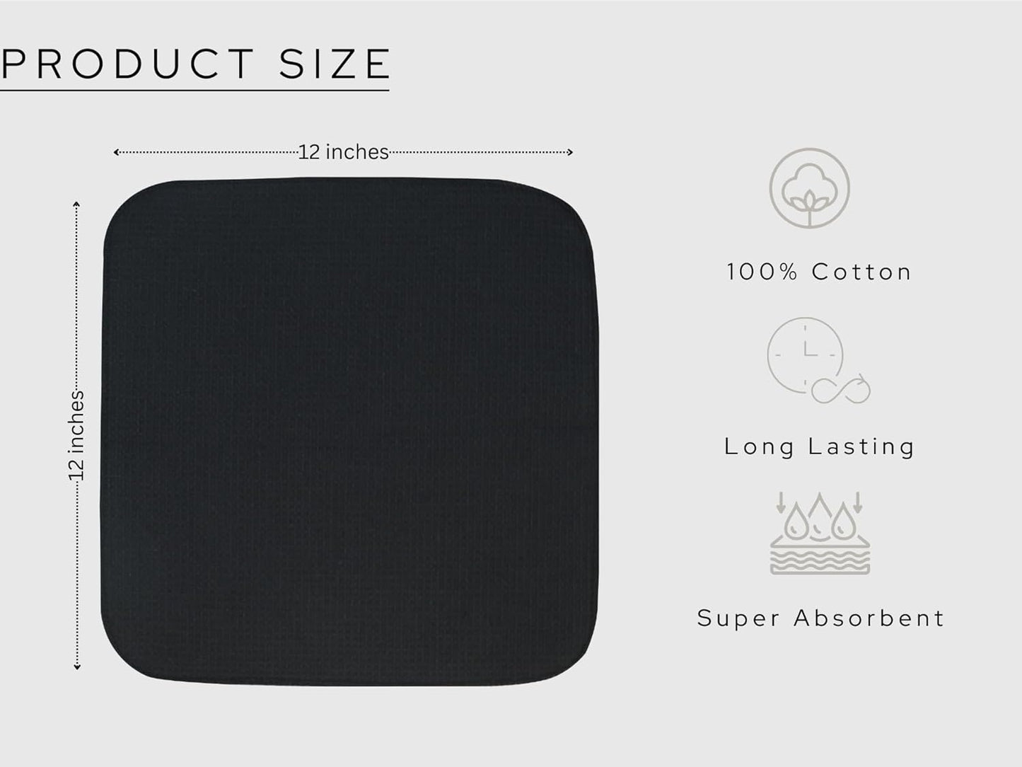 PurpleEssences Dish Cloths and Dish Rags - 8 Pack Waffle Weave Solid Kitchen Dish Wash Cloths, 100% Cotton, 12 x 12 Inches, Ultra Soft Absorbent Quick Drying - Spring Summer - Black