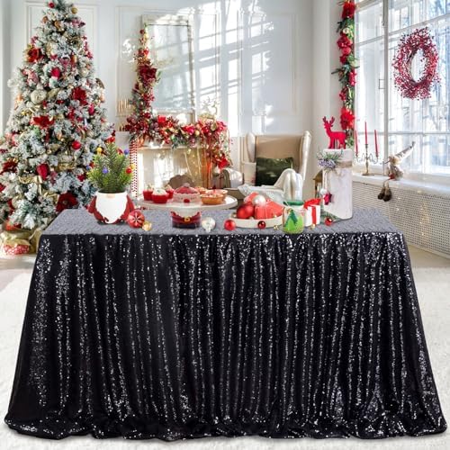 Seamless Sequin Tablecloth 90x132 Inch Black Rectangular Halloween Decor - Image 4