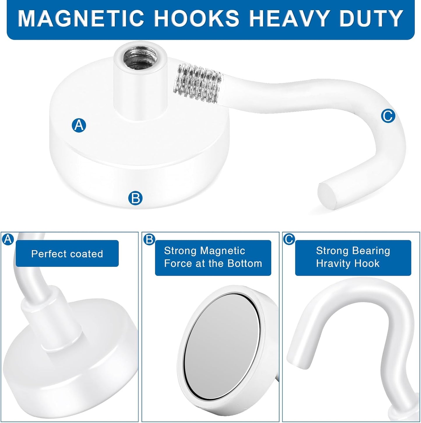LOVIMAG Magnetic Hooks for Cruise Cabins, 150Lbs Cruise Magnets, White Magnetic Hooks Heavy Duty for Hanging, Refrigerator, Grill-4 Pack