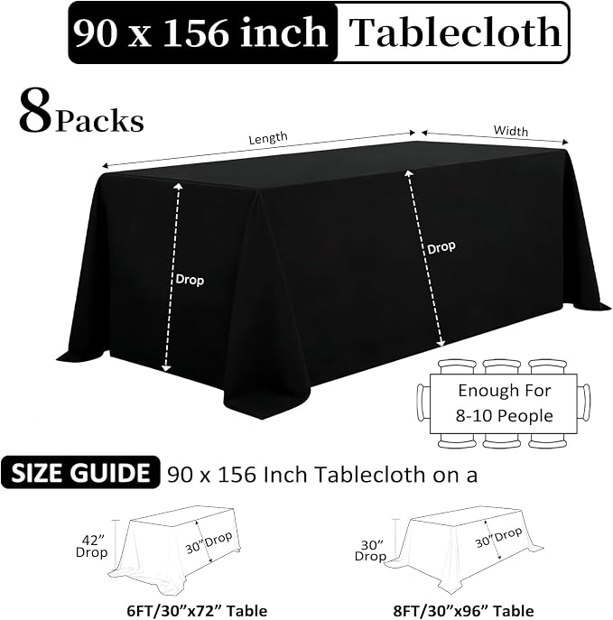 8 Pack Black Tablecloths Rectangle 90 x 156 Inch for 8 Foot Tables - Image 2